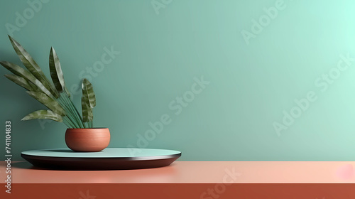 Empty wood table top and green wall for product display mock up background  template