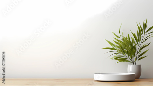 Empty wood table top and white wall for product display mock up background, template