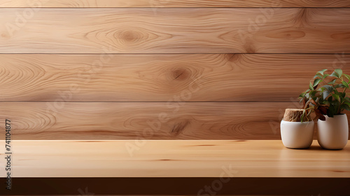 Empty wood table top and wood wall for product display mock up background, template