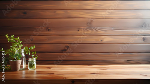 Empty wood table top and wood wall for product display mock up background, template