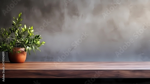 Empty wood table top and grey wall for product display mock up background, template