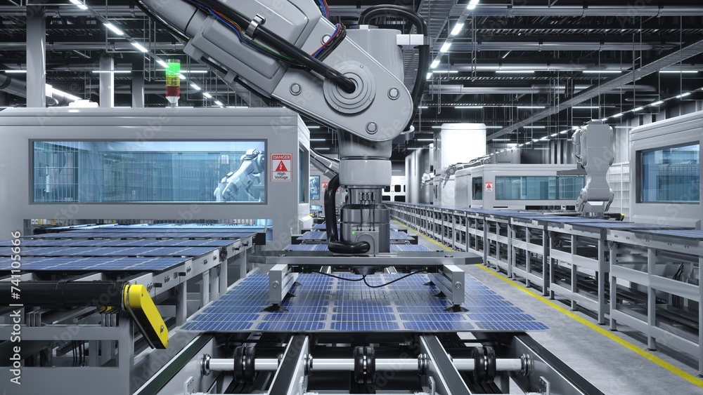 Industrialized solar panel warehouse with robotic arms placing photovoltaic modules on automatic assembly lines, 3D rendering. Manufacturing facility producing PV cells for green technology industry
