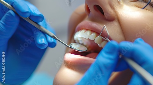 the dentist checks the condition of the patient's teeth for holes or damage in the dental office