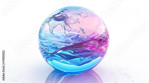 A 3d globe icon, 3d icon, crystal glass material, mass effect, translucent material, light violet and light blue style, in surreal 3d landscape style
