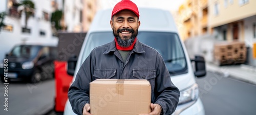 Cheerful courier in red uniform delivering box by van at customer home, with copy space for text.