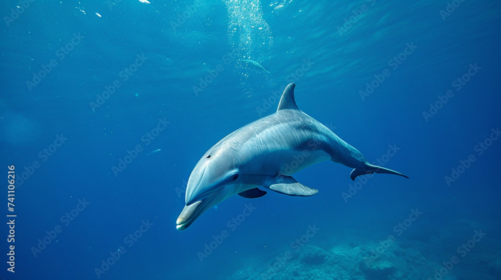 Dolphin swimming with divers in the Red Sea. Generative Ai Dolphin swimming with divers in the Red Sea. Generative Ai