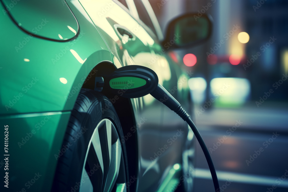 Close-up view of an Green electric vehicle undergoing charging. Close-up view of an Green electric vehicle undergoing charging.