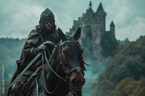 Medieval Knight on a Horse Outside with Castle