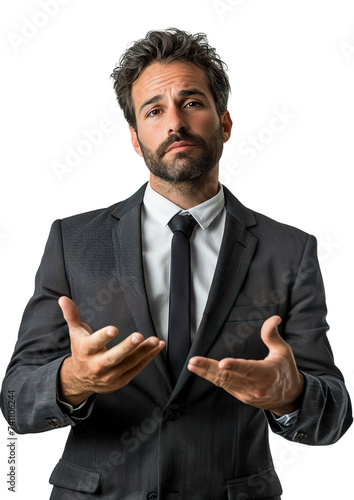  a businessman standing and gesturing with both hands as if explaining something, isolated on a white background PNG photo