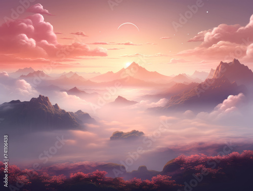 Image of a rose-pink sunrise illuminating the misty mountains. The soft gradients and ethereal atmosphere can inspire breathtaking digital art pieces.