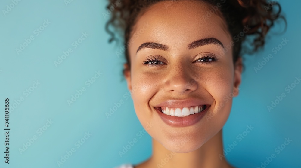 Portrait of happy satisfied woman with healthy smile isolated on blue background Portrait of happy satisfied woman with healthy smile isolated on blue background