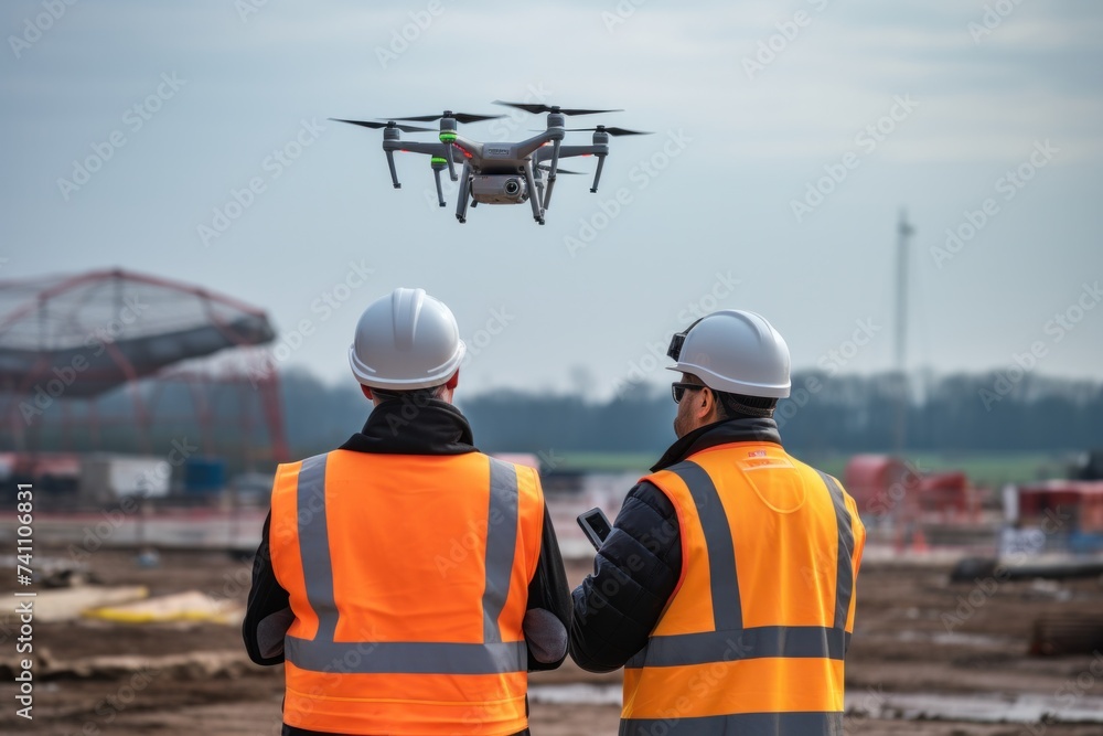Engineer using drone inspection drone Construction site inspectors are supervised by civil engineers. - obrazy, fototapety, plakaty 