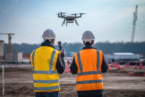 Engineer using drone inspection drone Construction site inspectors are supervised by civil engineers.