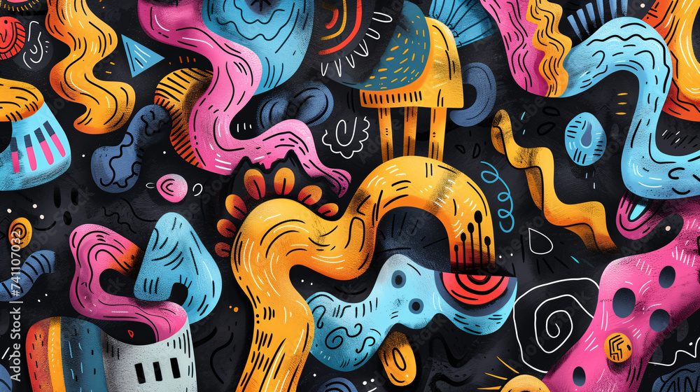 Playful Doodle Pattern Abstract Shapes Background.