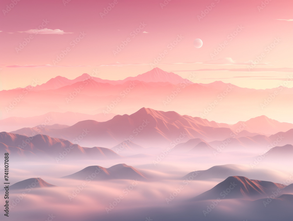 Image of a rose-pink sunrise illuminating the misty mountains. The soft gradients and ethereal atmosphere can inspire breathtaking digital art pieces.