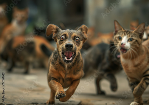 Dog With Shocked Face Running Away From Cats.
