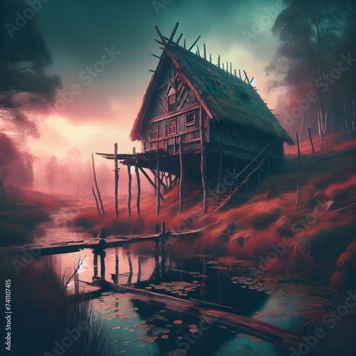 A lost wizard cabin hanging over a bog. 