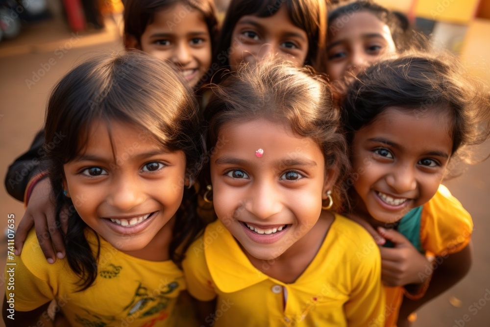 Group of cheerful and happy Indian children on yellow background. Group of cheerful and happy Indian children on yellow background.