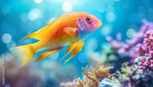 Colorful cardinalfish swimming among vibrant corals in saltwater aquarium environment