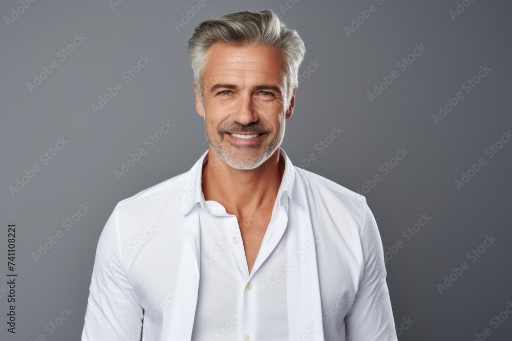Happy confident handsome smiling old man wearing white shirt pampering isolated on gray background advertising mustache, beard and skin care, Happy confident handsome smiling old man wearing white shirt pampering isolated on gray background advertising mustache, beard and skin care,