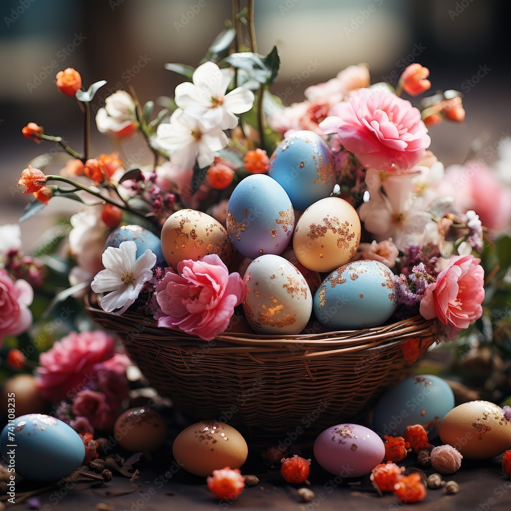 A decorative basket with Easter eggs and flowers displayed on a table A decorative basket with Easter eggs and flowers displayed on a table