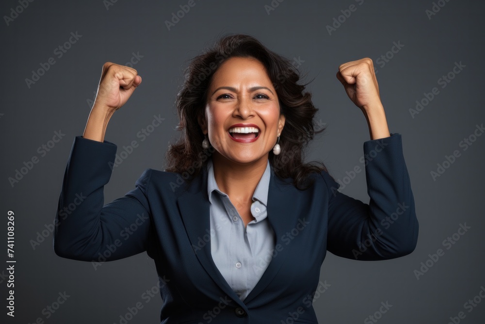 Happy confident middle-aged Indian businesswoman Excited winner Professional businessman and success Standing alone on gray background telephoto Happy confident middle-aged Indian businesswoman Excited winner Professional businessman and success Standing alone on gray background telephoto