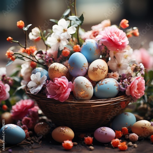 A decorative basket with Easter eggs and flowers displayed on a table
