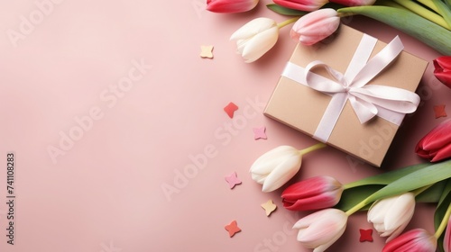white, red tulips and gift on a background. card for Valentine's Day, March 8, Mother's Day, Birthday. Place for text