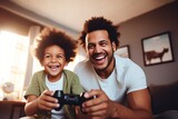 photograph of Happy ethnic family father and son playing video game console at home. telephoto lens daylight --ar 3:2 Job ID: cc885cb0-591c-4345-969a-5f02b723ae97