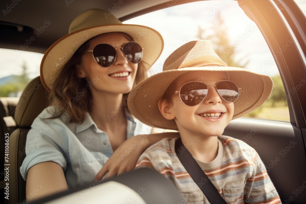 Travel vacation. Mother and child go on a summer trip in the car. Travel vacation. Mother and child go on a summer trip in the car.