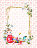 Watercolor illustration frame of children toys and flowers. Tumbler, top, rattle, white daisies and background with footprints. Isolated on white. Composition for wallpaper, wrapping paper, packaging