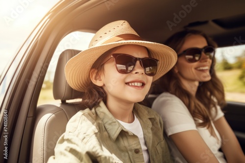 Travel vacation. Mother and child go on a summer trip in the car. © ORG