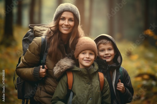 Family camping. Mother and children carry backpacks and go hiking.