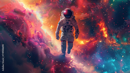 Pop Art Concept of an Astronaut in a Colorful Galaxy Comic Art. photo