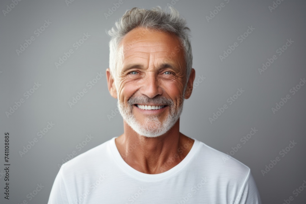 Happy confident handsome smiling old man wearing white shirt pampering isolated on gray background advertising mustache, beard and skin care, Happy confident handsome smiling old man wearing white shirt pampering isolated on gray background advertising mustache, beard and skin care,