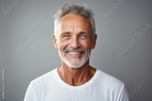 Happy confident handsome smiling old man wearing white shirt pampering isolated on gray background advertising mustache, beard and skin care,