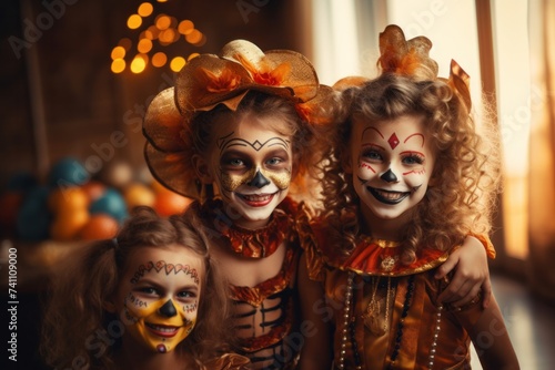 Halloween festival. Children in carnival costumes and makeup at home
