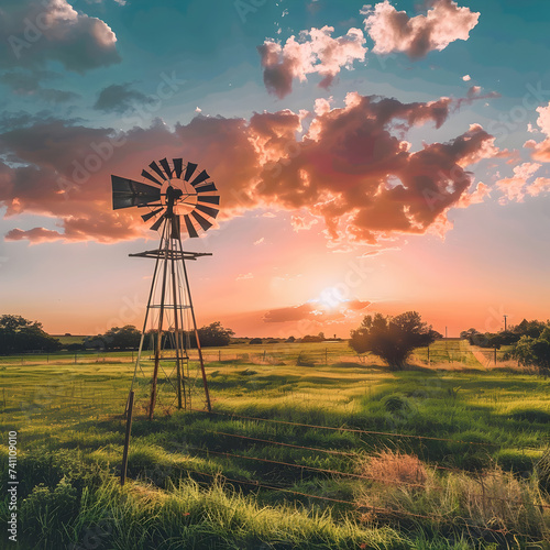 Old fashioned Windmill in a field with the sunset in the background 