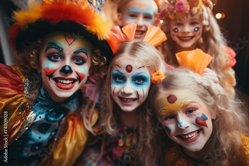Halloween festival. Children in carnival costumes and makeup at home