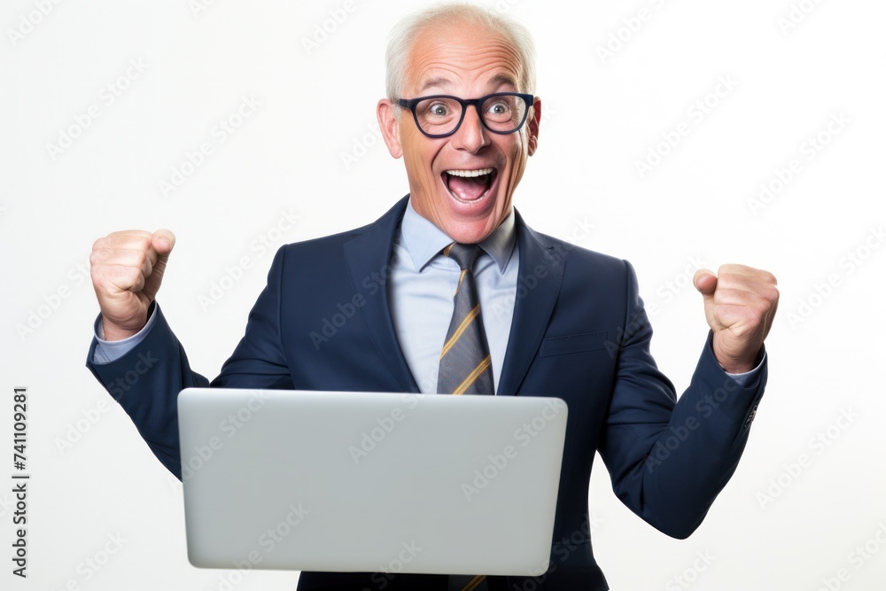 Happy middle-aged male businessman Excited winner, older professional businessman wearing suit holding laptop celebrates victory. Isolated on white background. Happy middle-aged male businessman Excited winner, older professional businessman wearing suit holding laptop celebrates victory. Isolated on white background.