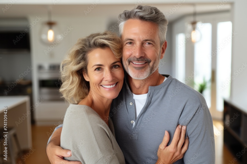 Romantic mature couple and woman hugging each other standing at home together looking at camera enjoying relationship in modern home living room.