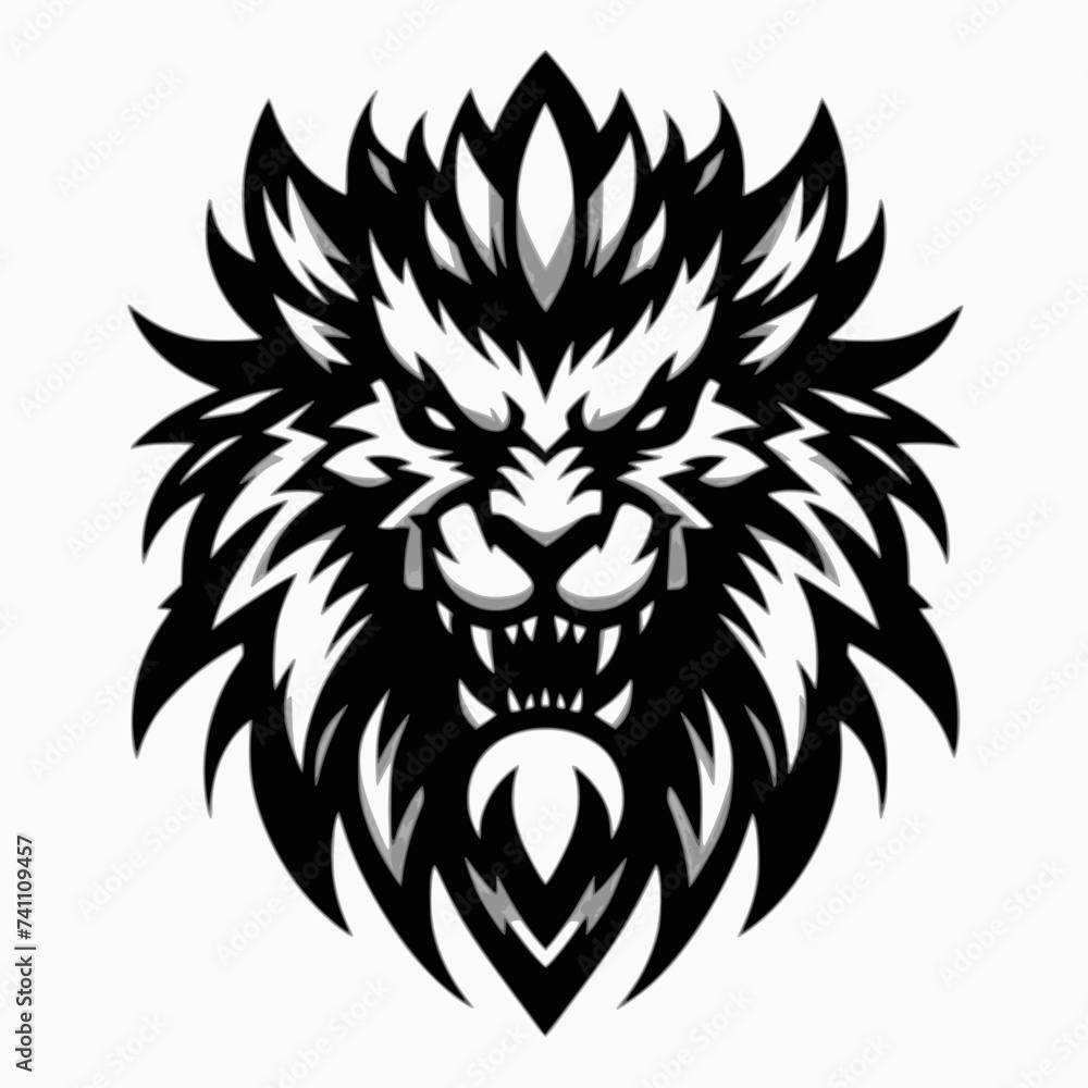Head Lion Stylized. White-Background Logo with a Menacing Stylized Creature