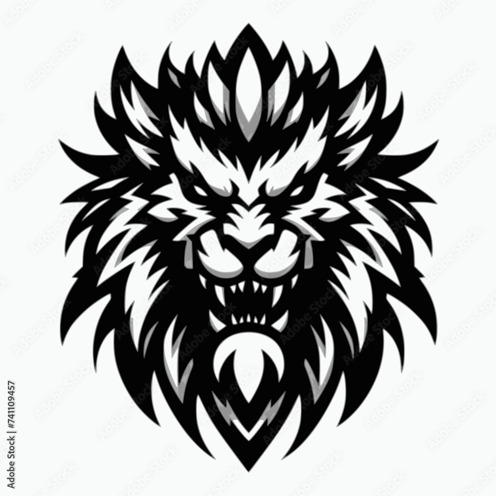 Head Lion Stylized. White-Background Logo with a Menacing Stylized Creature Head Lion Stylized. White-Background Logo with a Menacing Stylized Creature