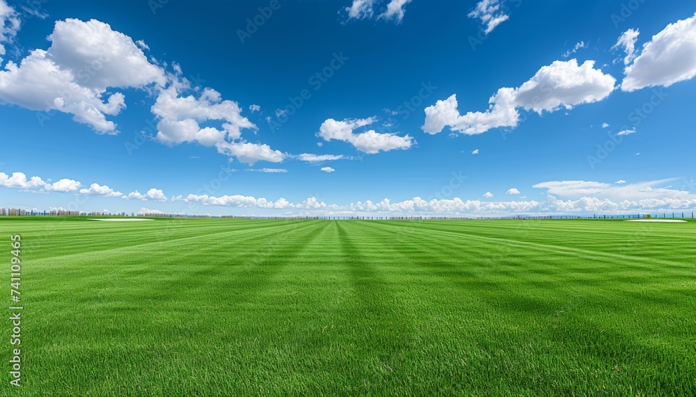 Panoramic view of lush green golf course field with beautiful scenery and rich turf grass.