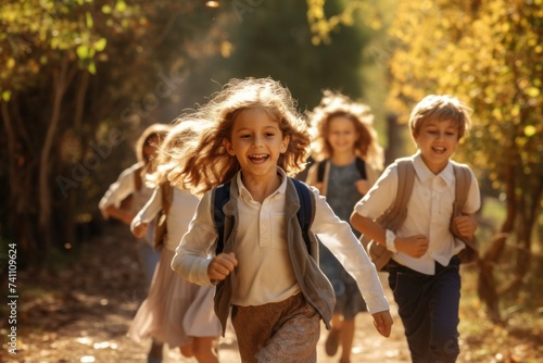 Male and female schoolchildren in casual clothes play near trees in sunny forest.