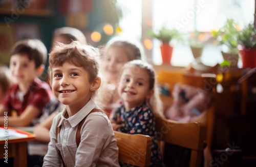 A group of young schoolchildren sits attentively in their classroom desks, fully engaged and enjoying the educational experience facilitated by their teacher.Generated image