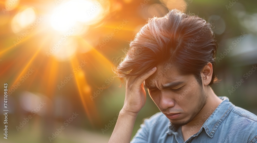 Man suffering from severe headache and muscle pain after intense exercise in the park Stock
