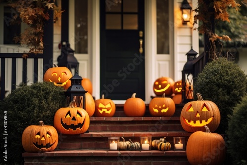 House decorated with orange pumpkins for Halloween