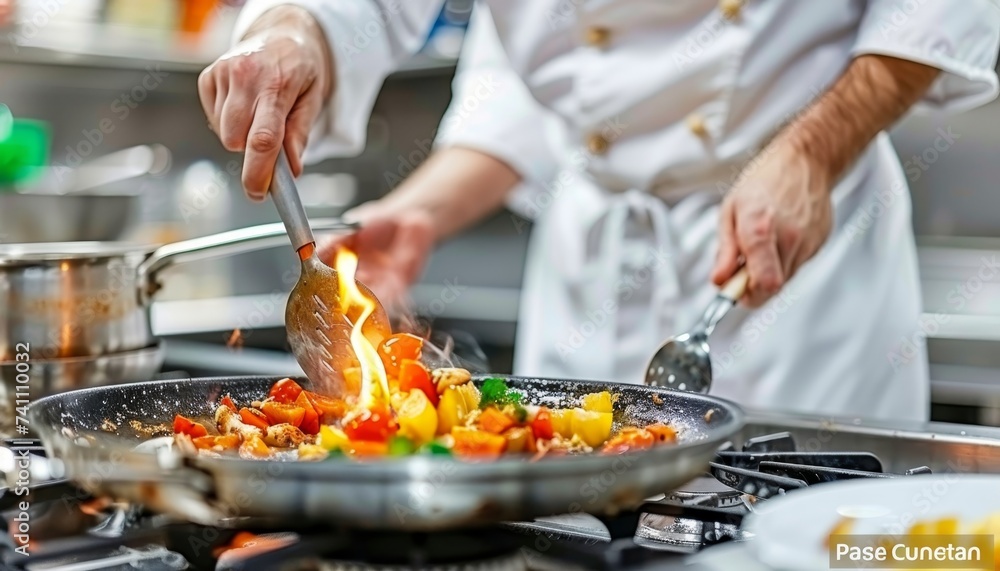Professional chef cooking food with fire in a restaurant kitchen   close up of hands