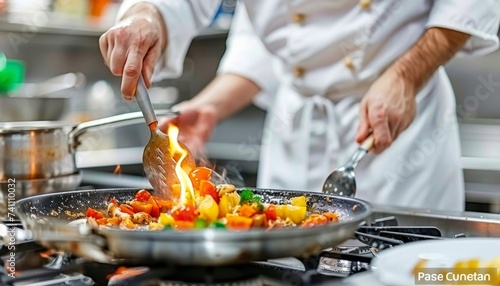 Professional chef cooking food with fire in a restaurant kitchen close up of hands